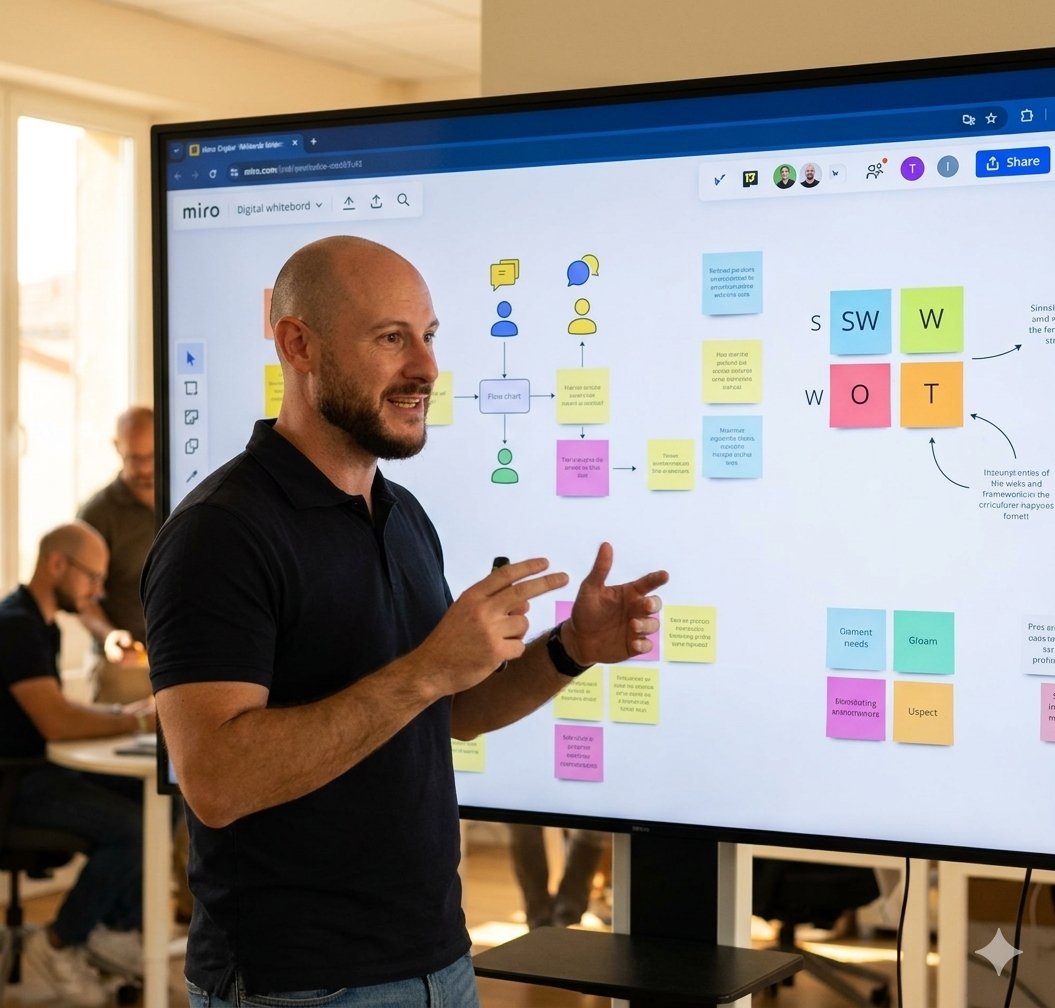 Gabriel Morais facilitating a strategic workshop with Miro